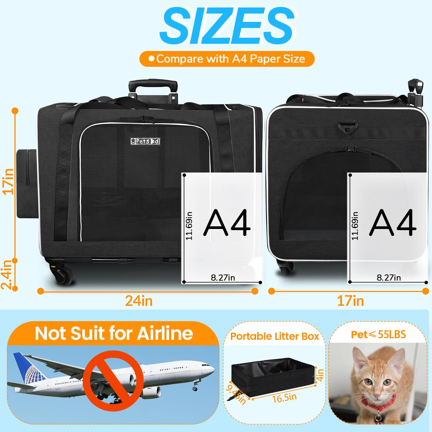 Petskd cat carrier interior space highlights roomy shelter for large or multiple cats.