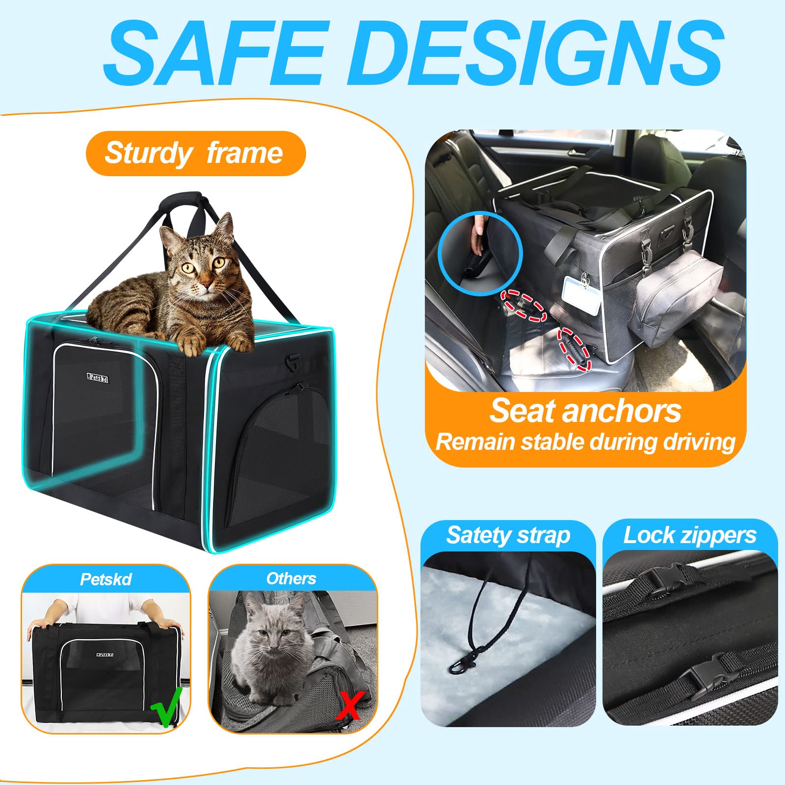 Petskd cat carrier seat anchors safety features secure during driving
