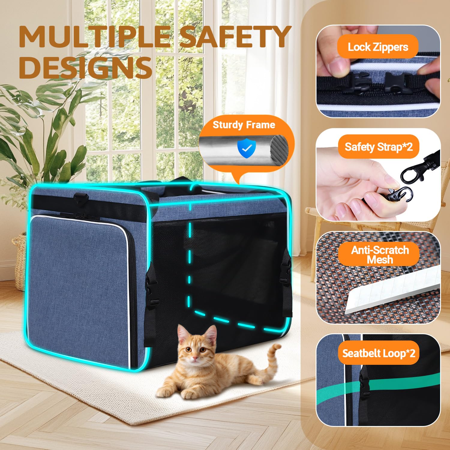 Petskd cat carrier with secure seatbelt attachment for car travel