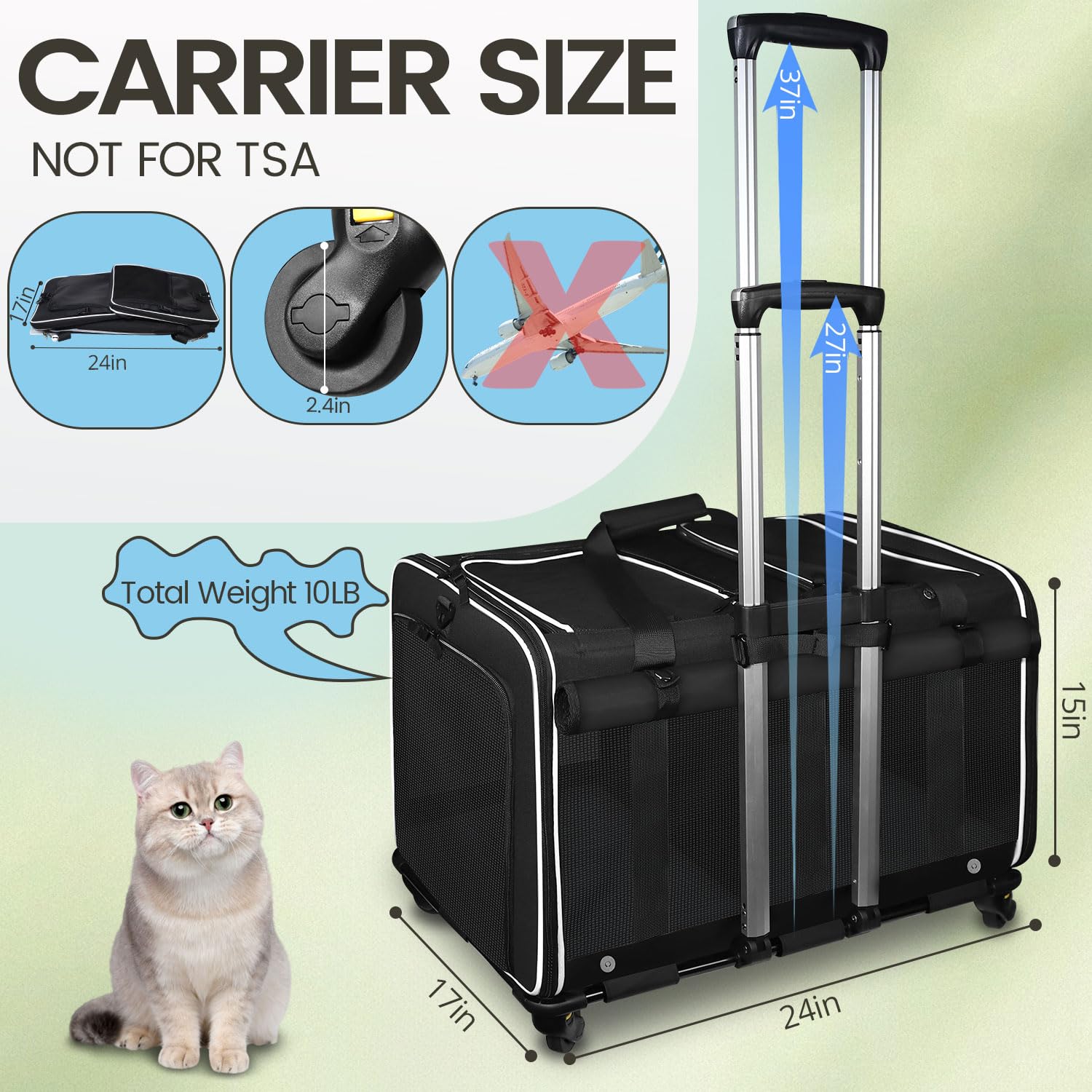Petskd cat carrier wheels pull-suitcase-style for easy vet trips