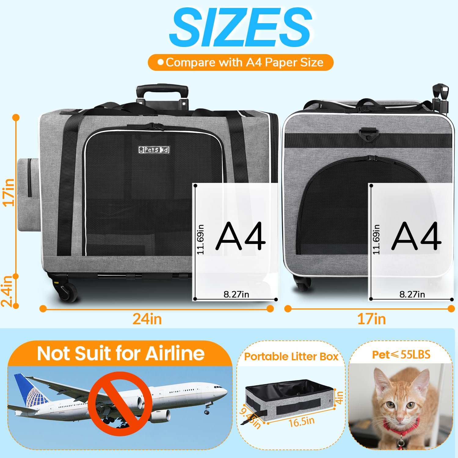 Petskd cat carrier wheels suitcase-style handle for smooth rolling