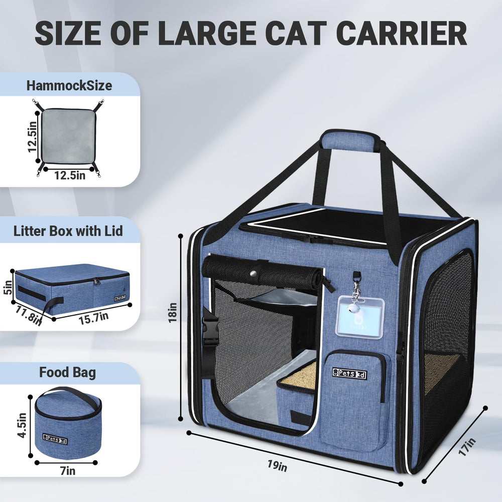 Petskd large cat carrier with litter box inside demonstrates integrated travel convenience.