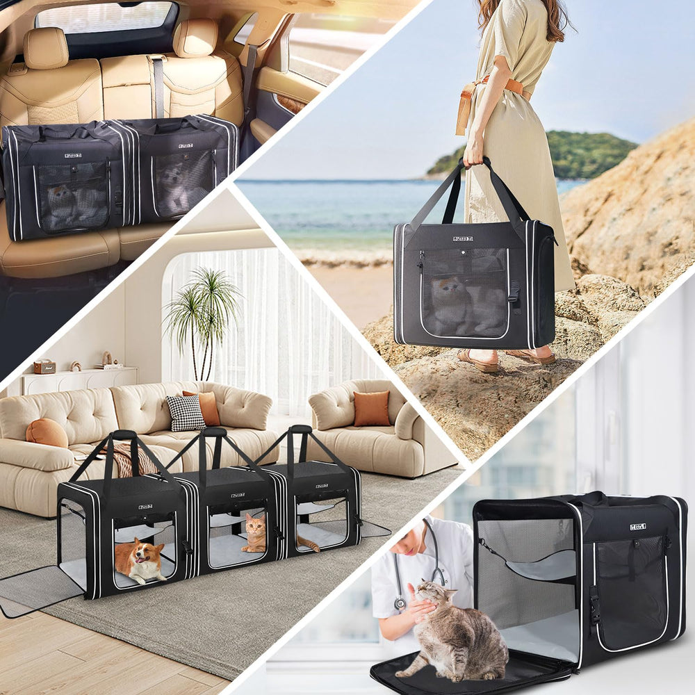 Petskd combinable pet carrier includes food bag and foldable bowls.