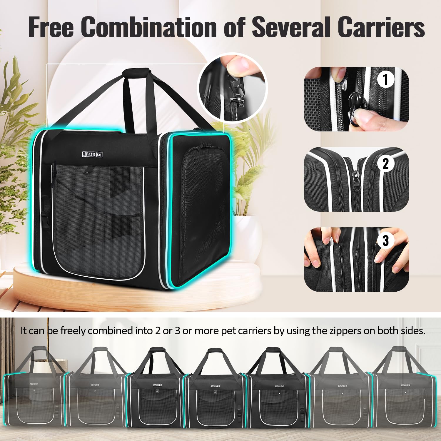 Petskd combinable pet carrier car safety buckle and locking zippers improve in-car security.
