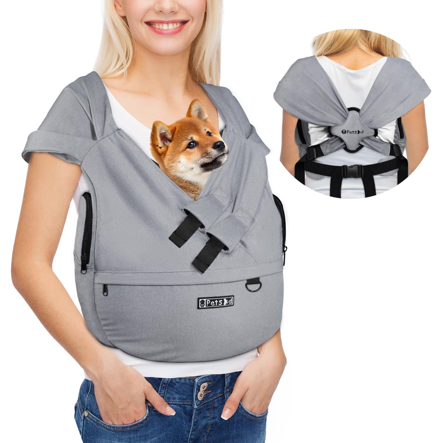 Petskd dog carrier sling front-view for hands-free walks and comfortable support