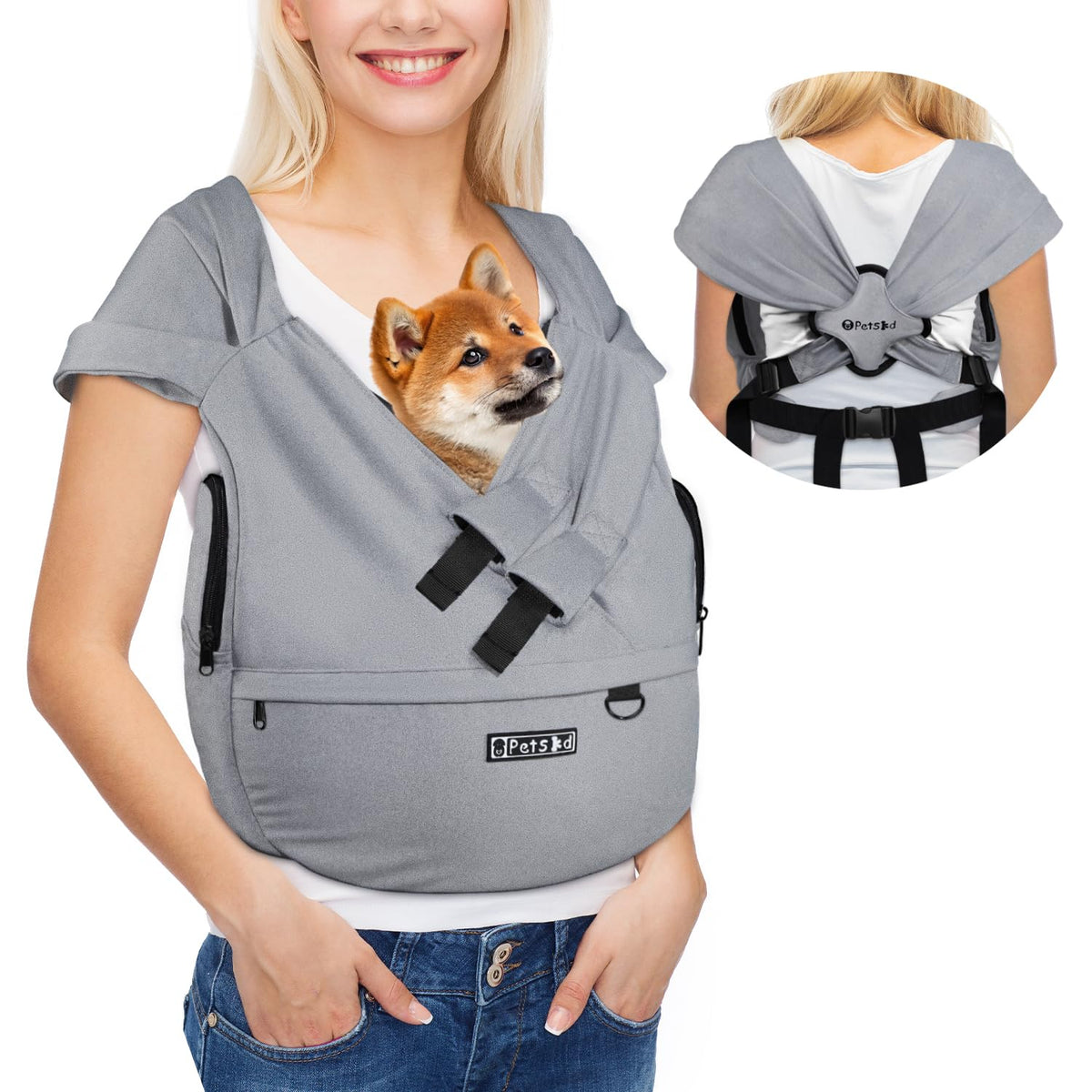 Petskd dog carrier sling front-view for hands-free walks and comfortable support