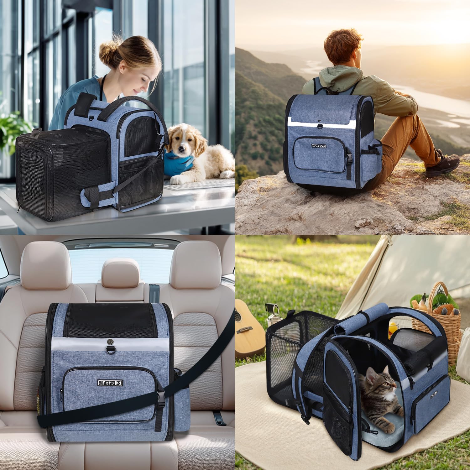 Petskd expandable pet backpack blue ergonomic straps emphasize comfortable carrying