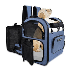Petskd expandable pet backpack blue front view shows roomy space for small dogs or cats