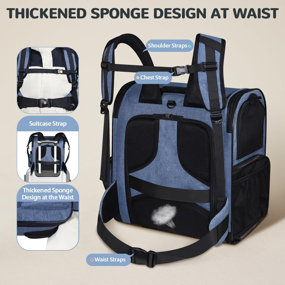 Petskd expandable pet backpack blue interior view reveals multiple pockets for essentials