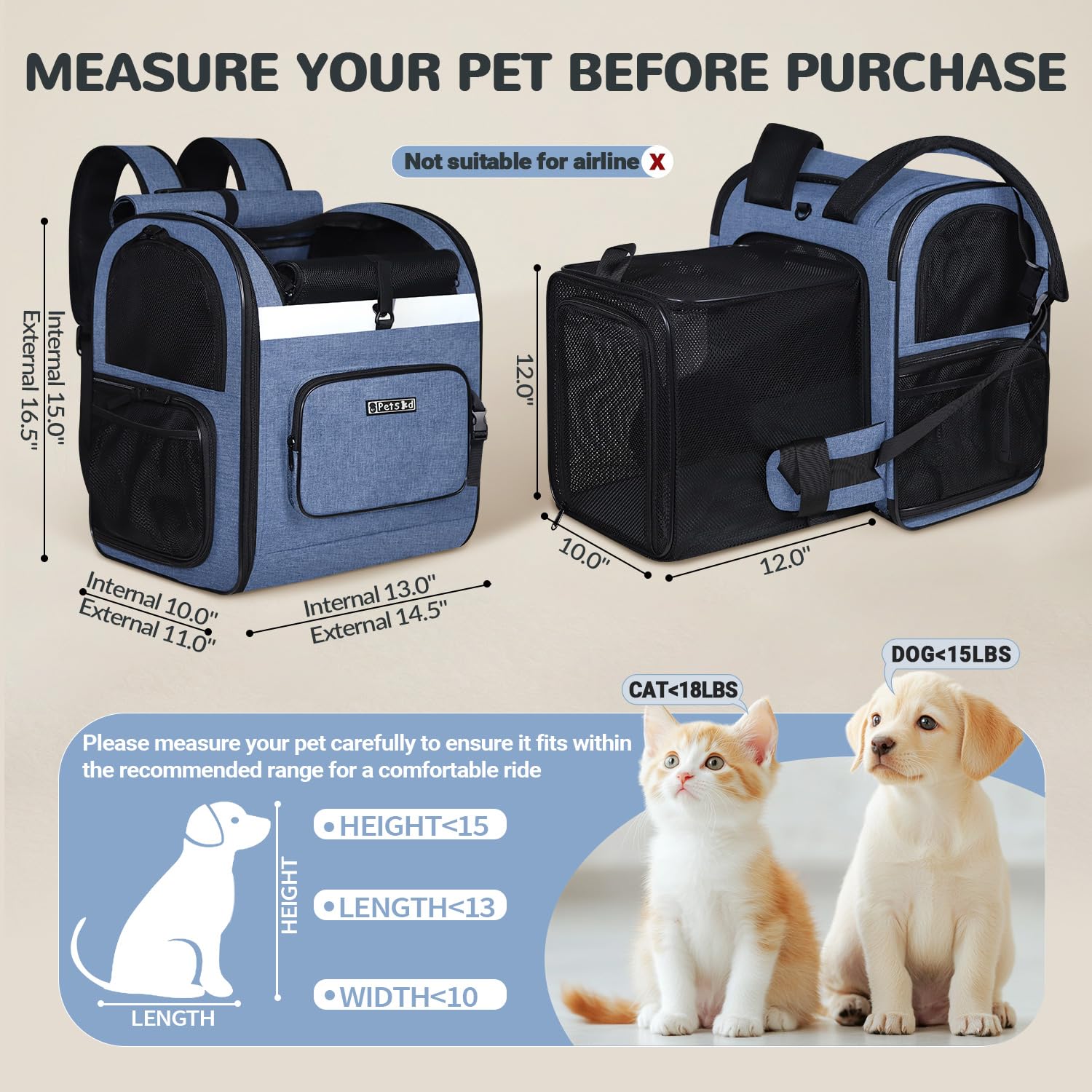 Petskd expandable pet backpack blue side view highlights airflow via three mesh windows