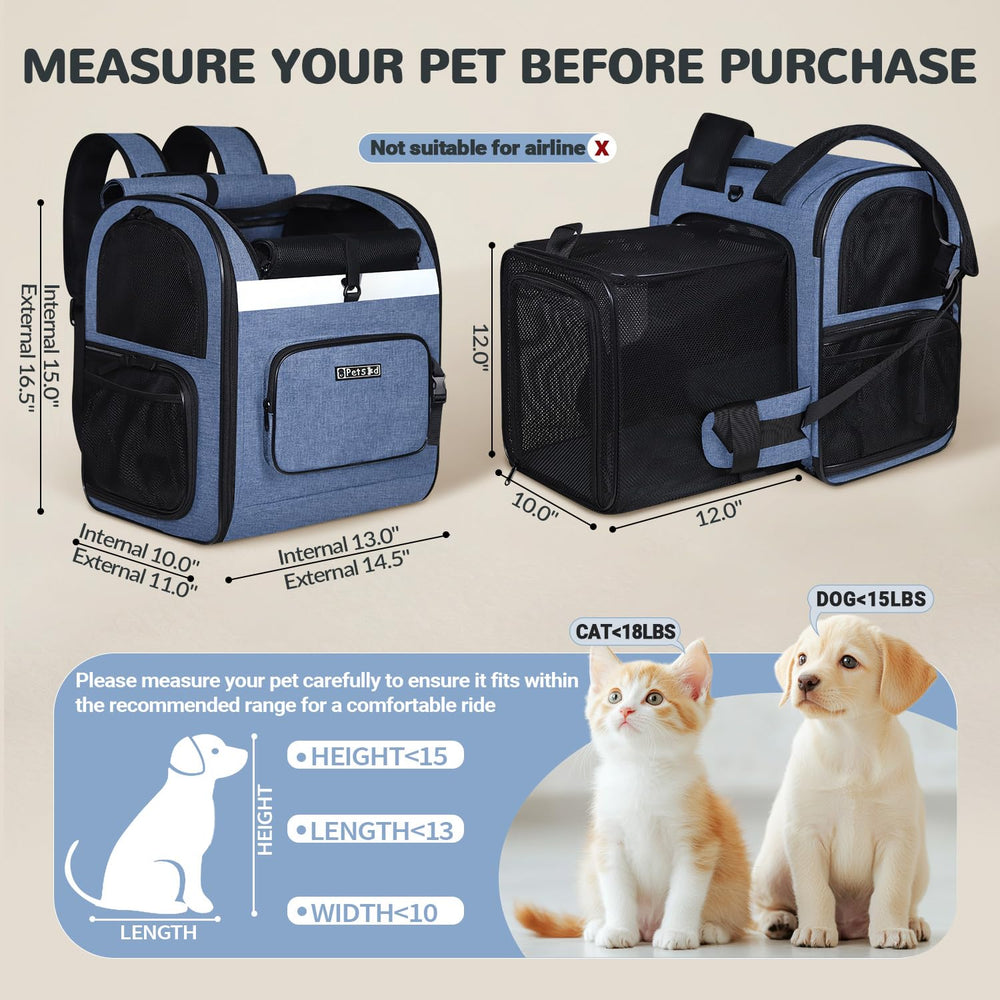 Petskd expandable pet backpack blue side view highlights airflow via three mesh windows