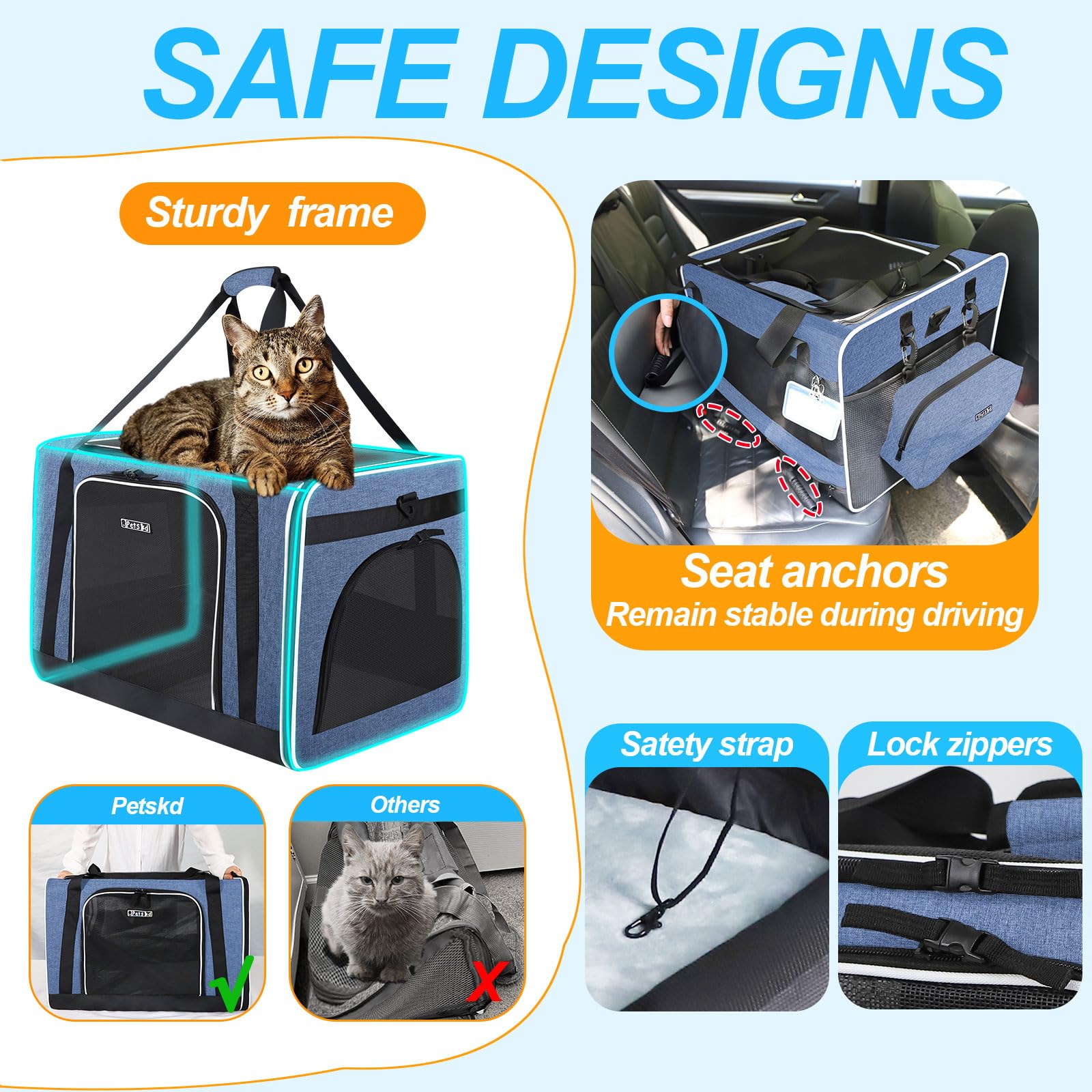 Petskd extra large cat carrier secured in car with seat anchors for safety