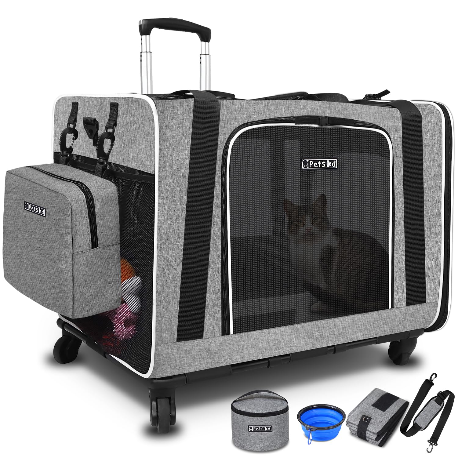 Petskd extra large carrier with wheels and litter box side view for easy transport