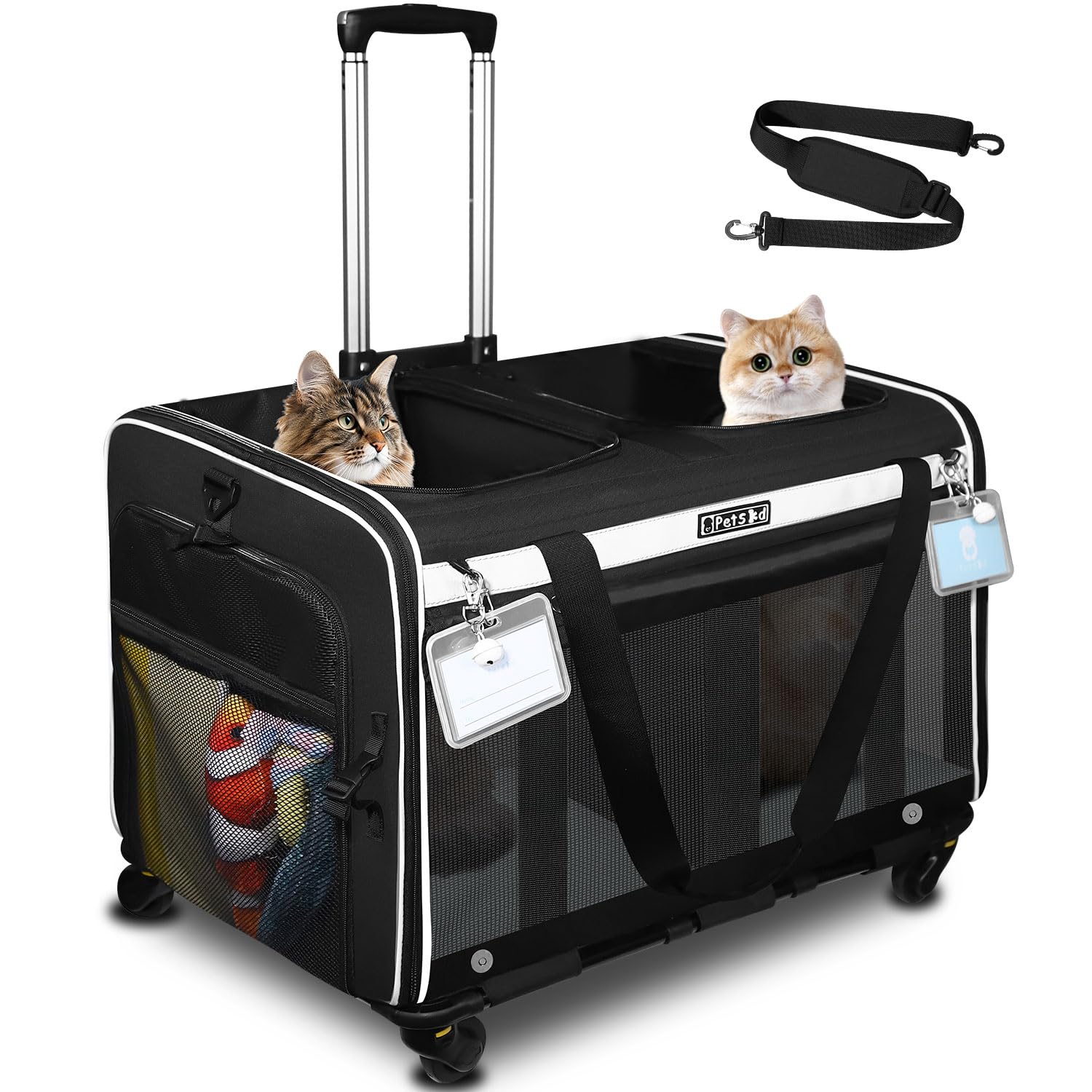 Petskd large rolling double-cat carrier two-pets side view with roomy travel space