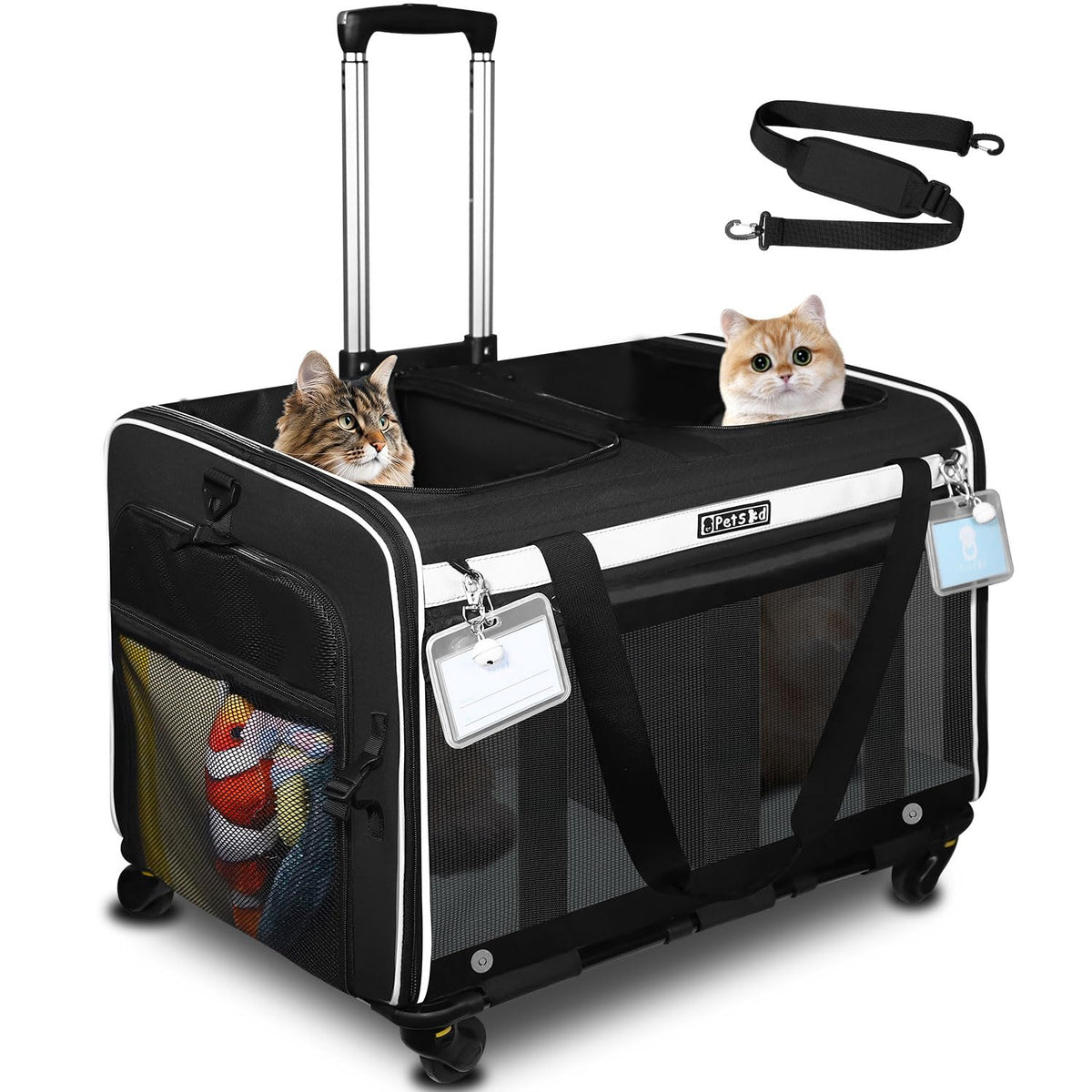 Petskd large rolling double-cat carrier two-pets side view with roomy travel space