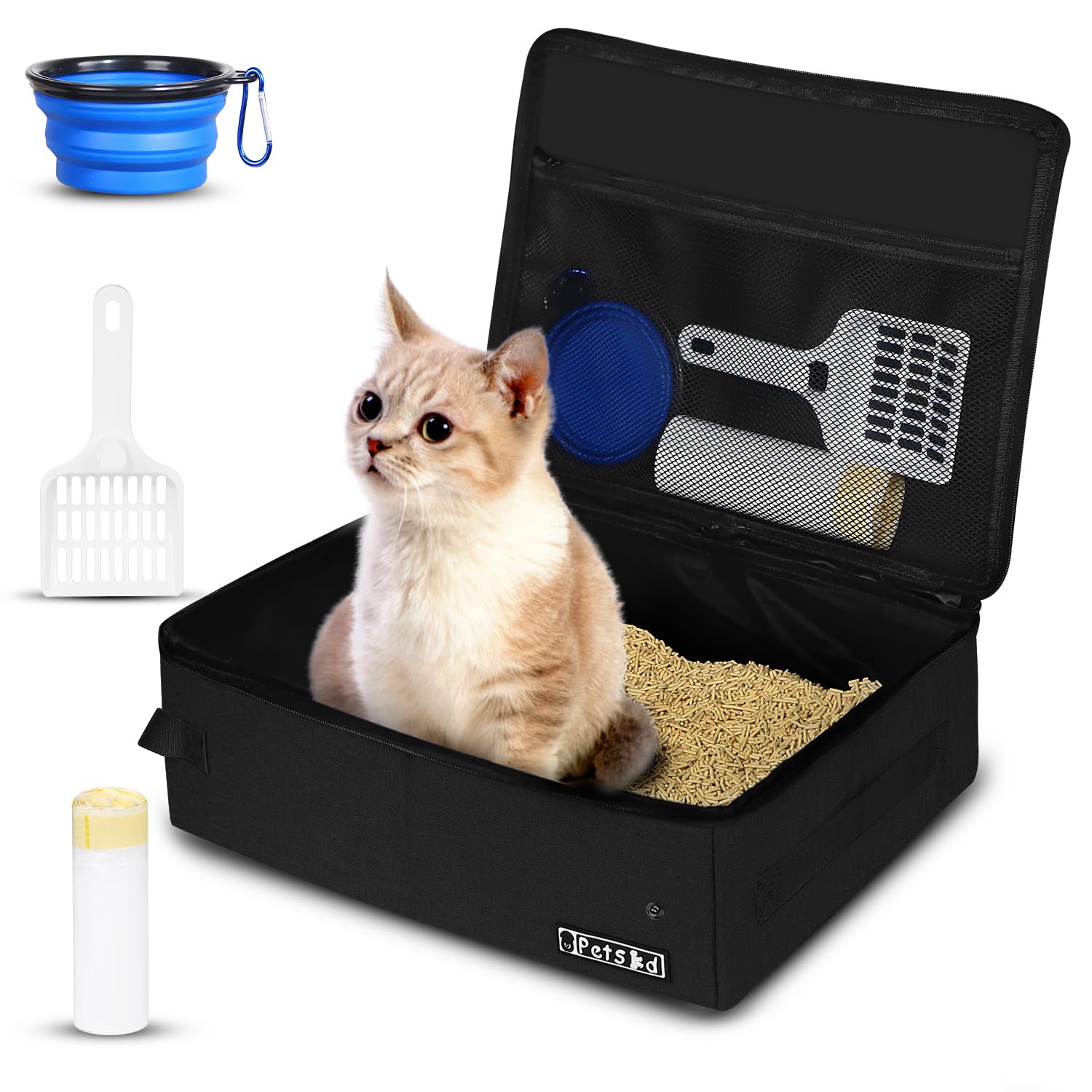 Petskd portable cat travel litter box with lid in black, easy to carry on trips.