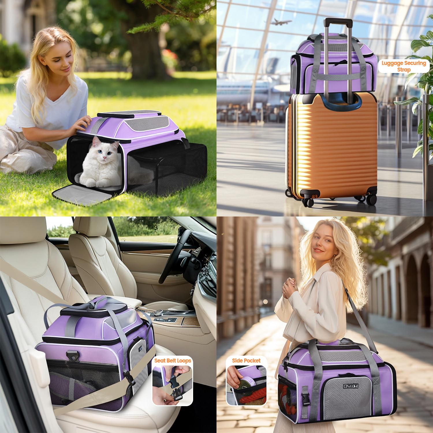 Petskd purple soft-sided carrier in use for stylish travel with pets
