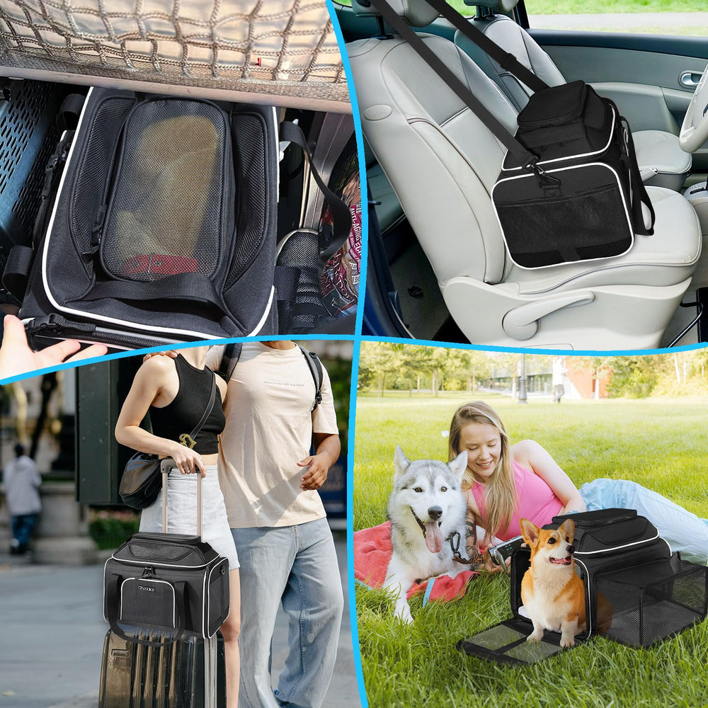 Petskd soft-sided carrier in use for travel with cats or small dogs.