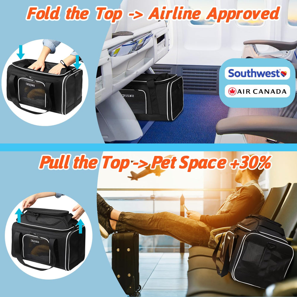 Petskd soft-sided carrier interior exposed for easy loading and pet comfort during trips.