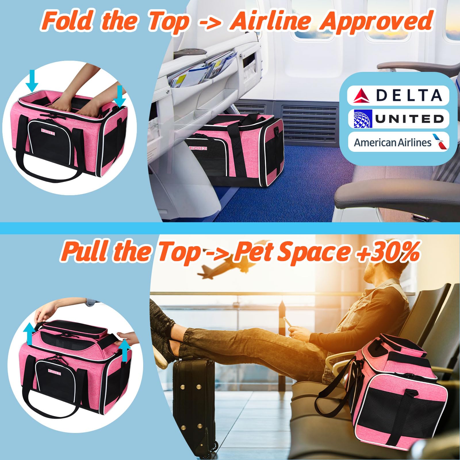 Petskd soft-sided carrier with mesh ventilation pink, ensures airflow and pet visibility during flights.