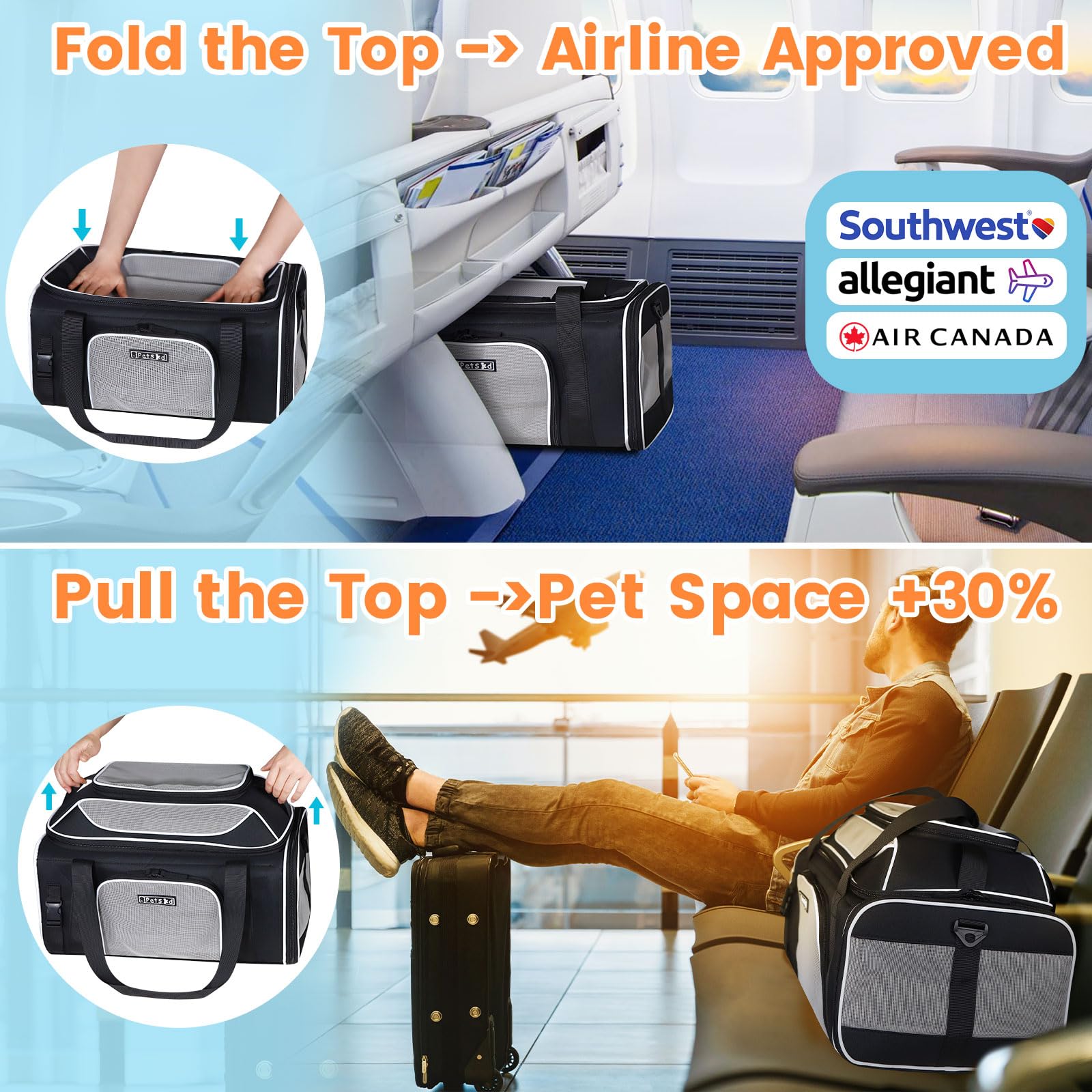 Petskd top-expandable carrier ventilation mesh on five sides enables breathable comfort.