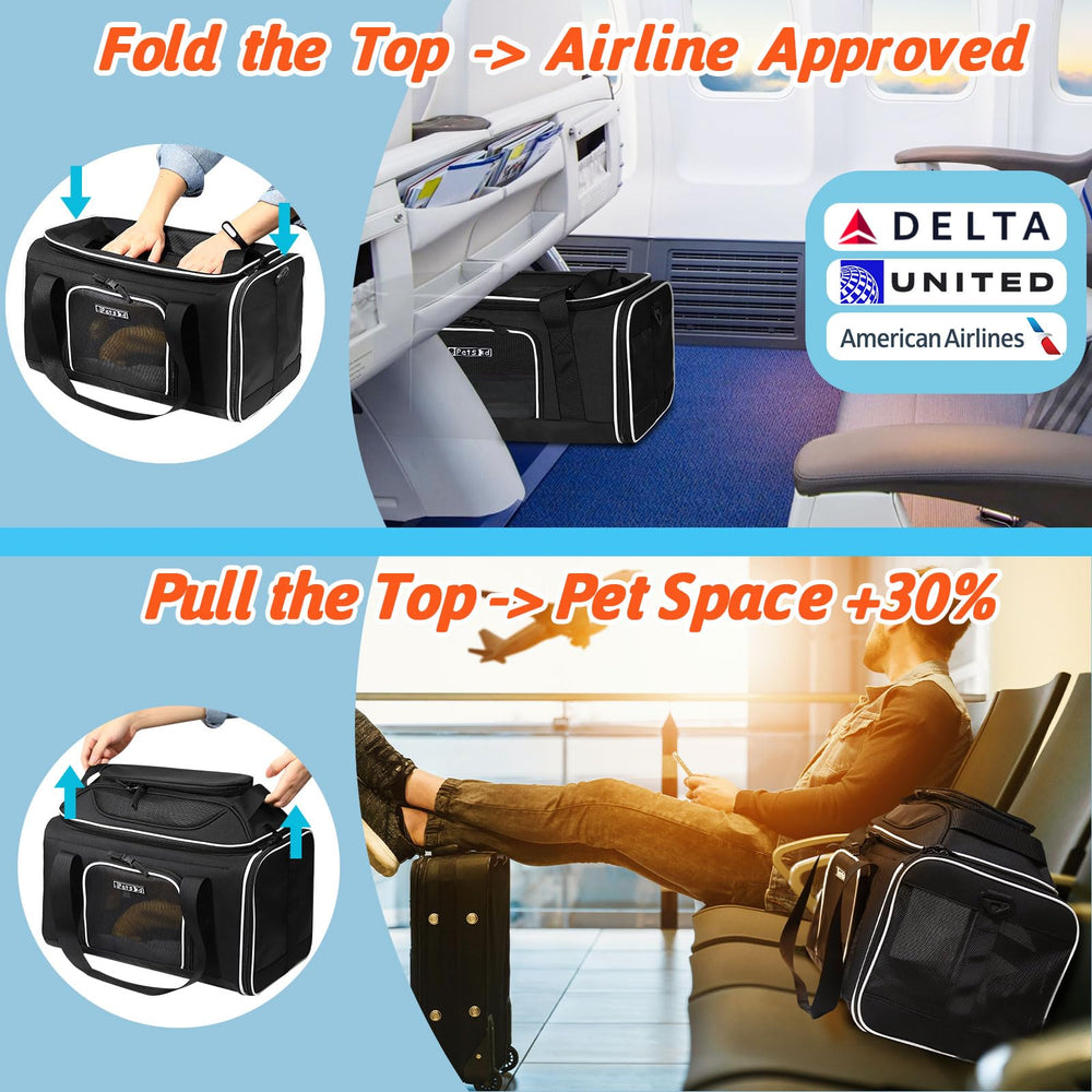 Petskd airline-approved under-seat carrier compatible with Delta United American for hassle-free flights.