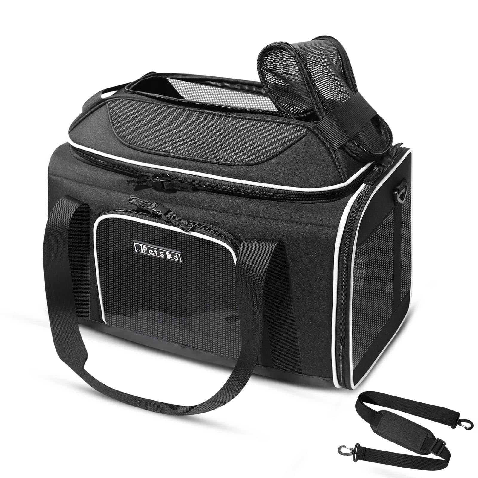 Petskd top expandable carrier demonstrates compact under-seat dimensions for easy cabin travel.