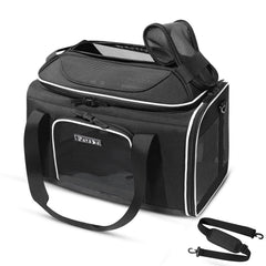 Petskd top expandable carrier demonstrates compact under-seat dimensions for easy cabin travel.
