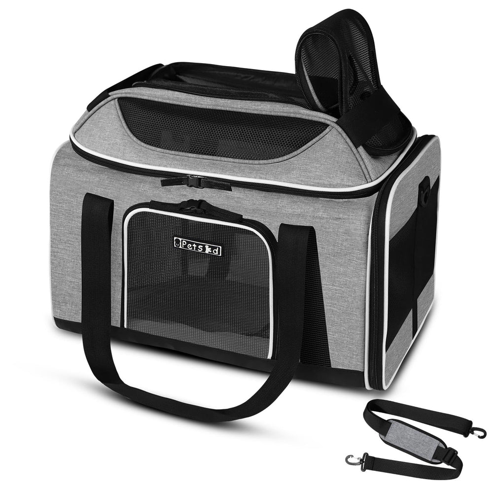 Petskd top-expandable carrier under-seat front view showing travel-ready size and comfortable interior