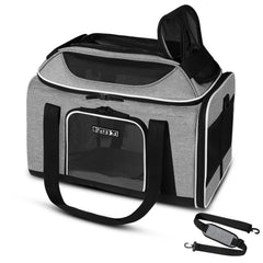 Petskd top-expandable carrier under-seat front view showing travel-ready size and comfortable interior