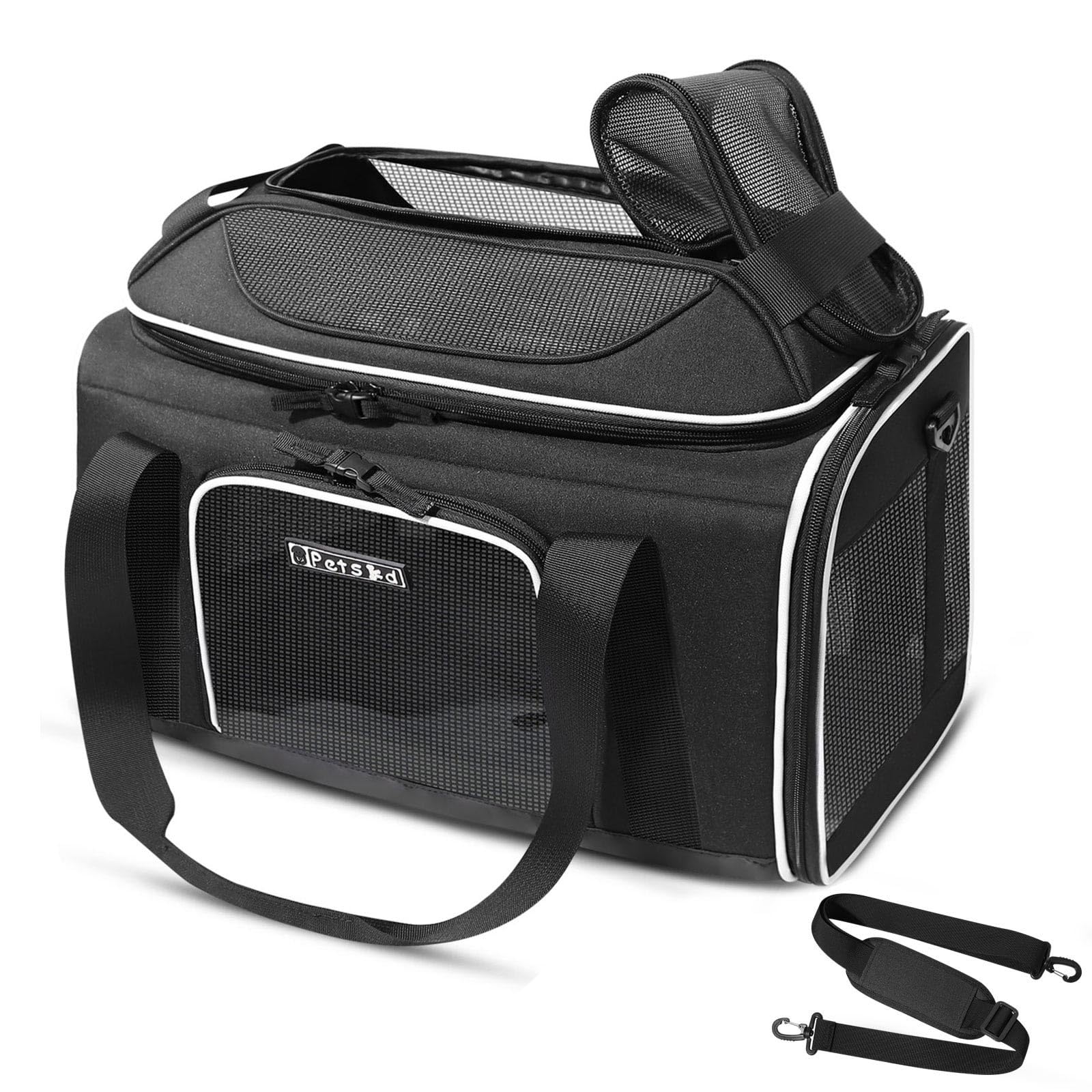 Petskd top-expandable carrier under-seat view demonstrates airline-friendly size for small pets.