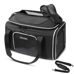 Petskd top-expandable carrier under-seat view demonstrates airline-friendly size for small pets.