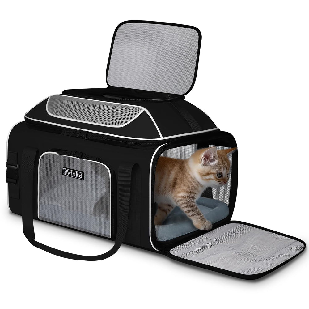 Petskd top-expandable carrier under-seat view shows compact, airline-friendly storage for travel.