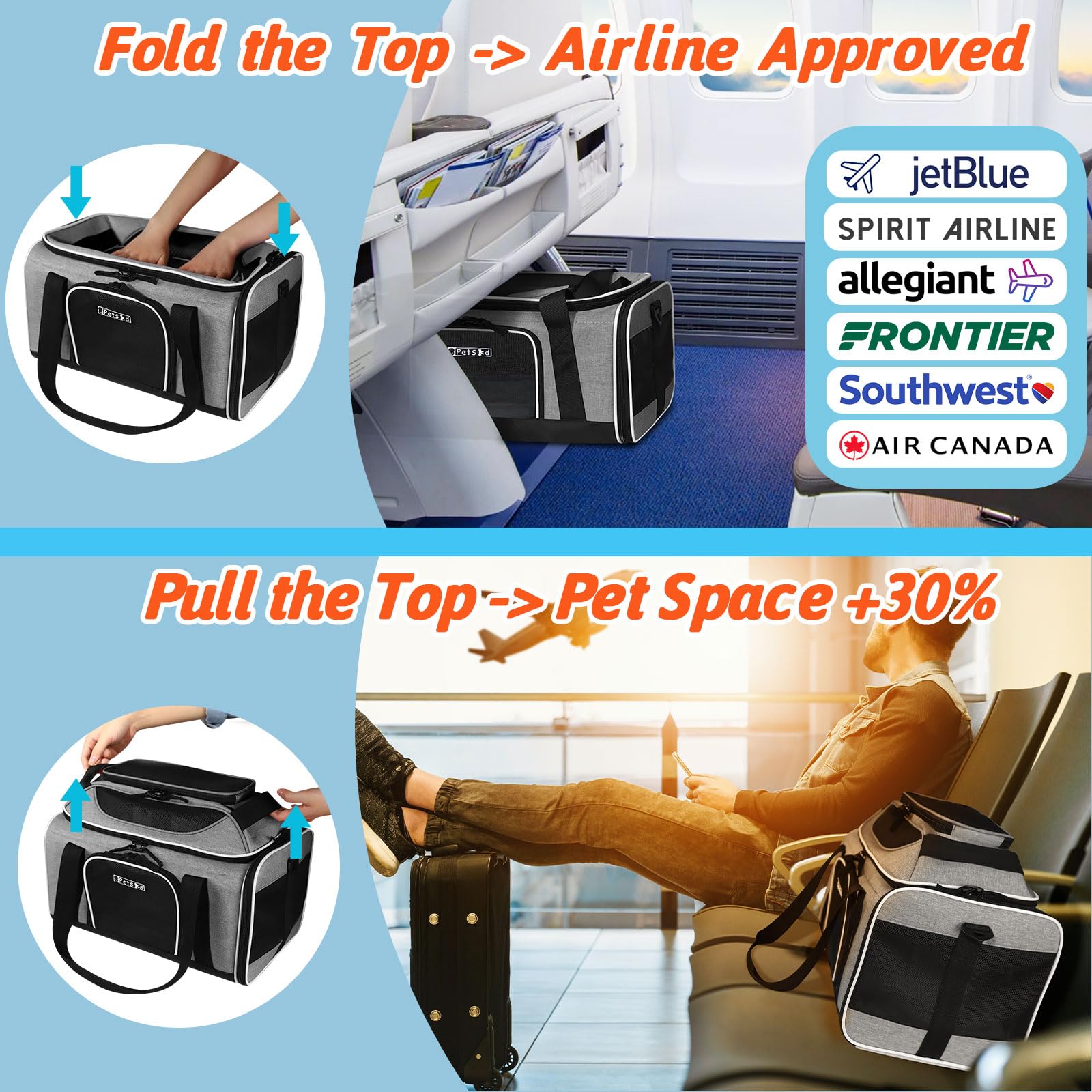 Petskd carrier ventilation mesh side promotes airflow and pet comfort on flights.
