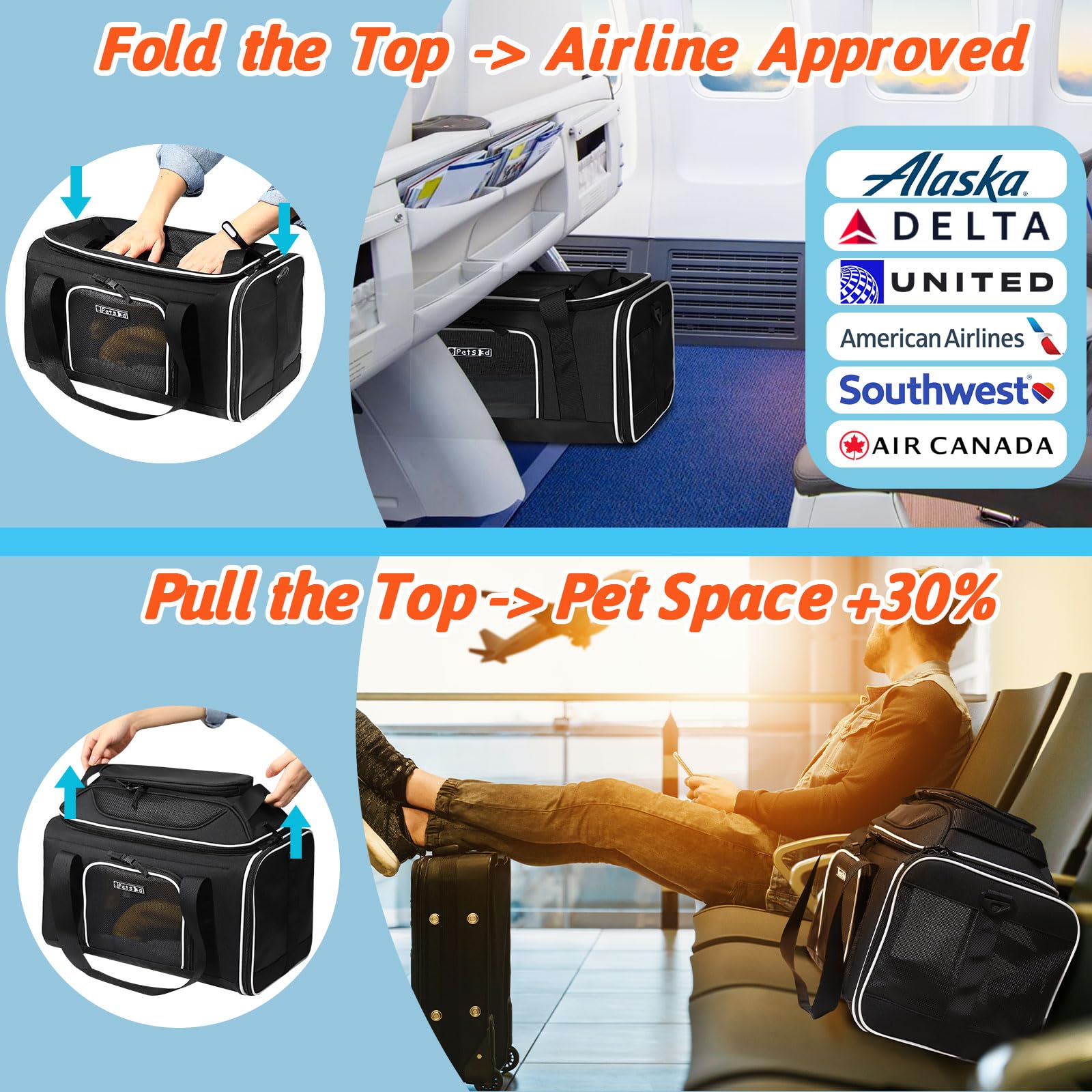 Petskd airline-approved carrier with secure locking zipper for safe travel