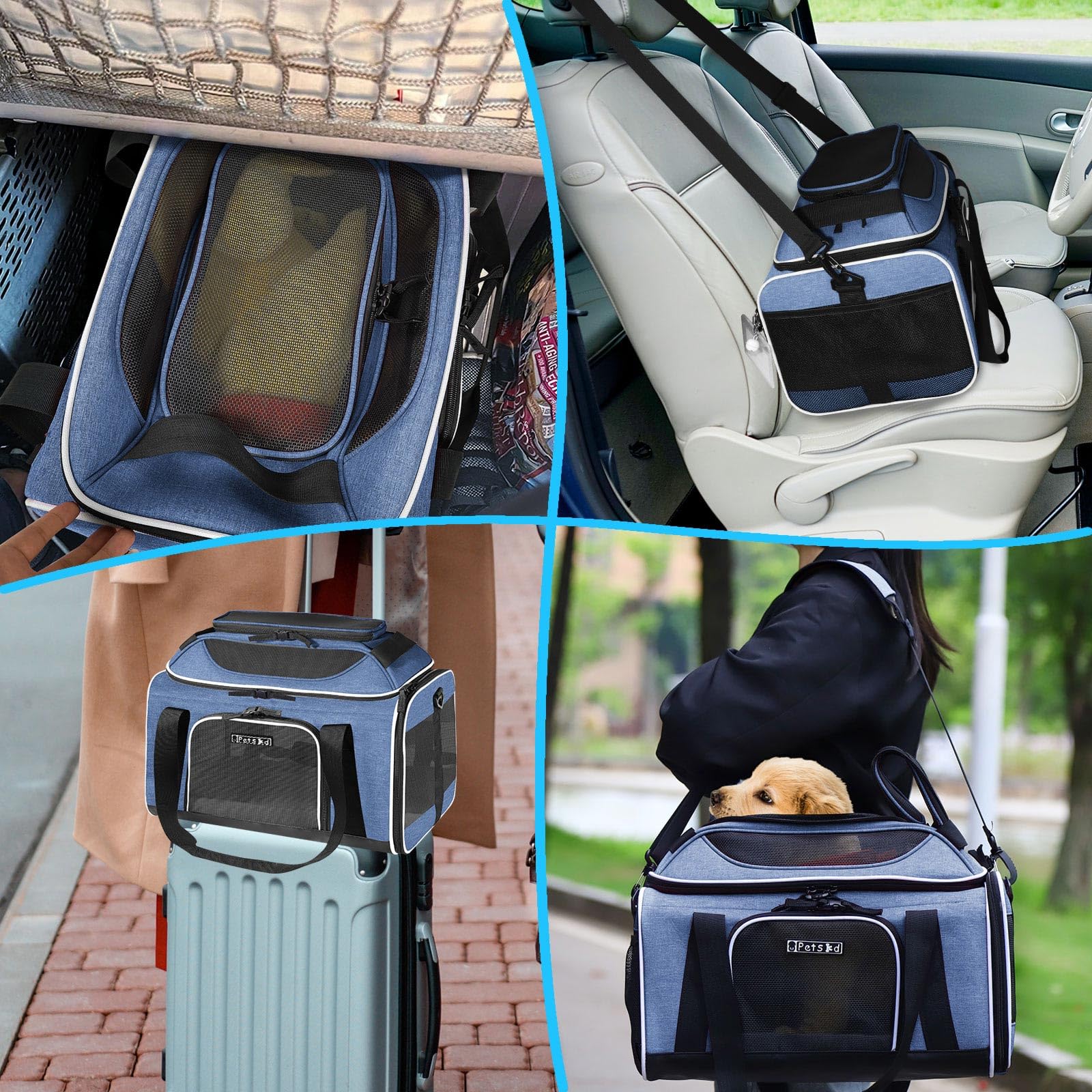 Petskd blue carrier adjustable rope buckle secures the pet's collar.