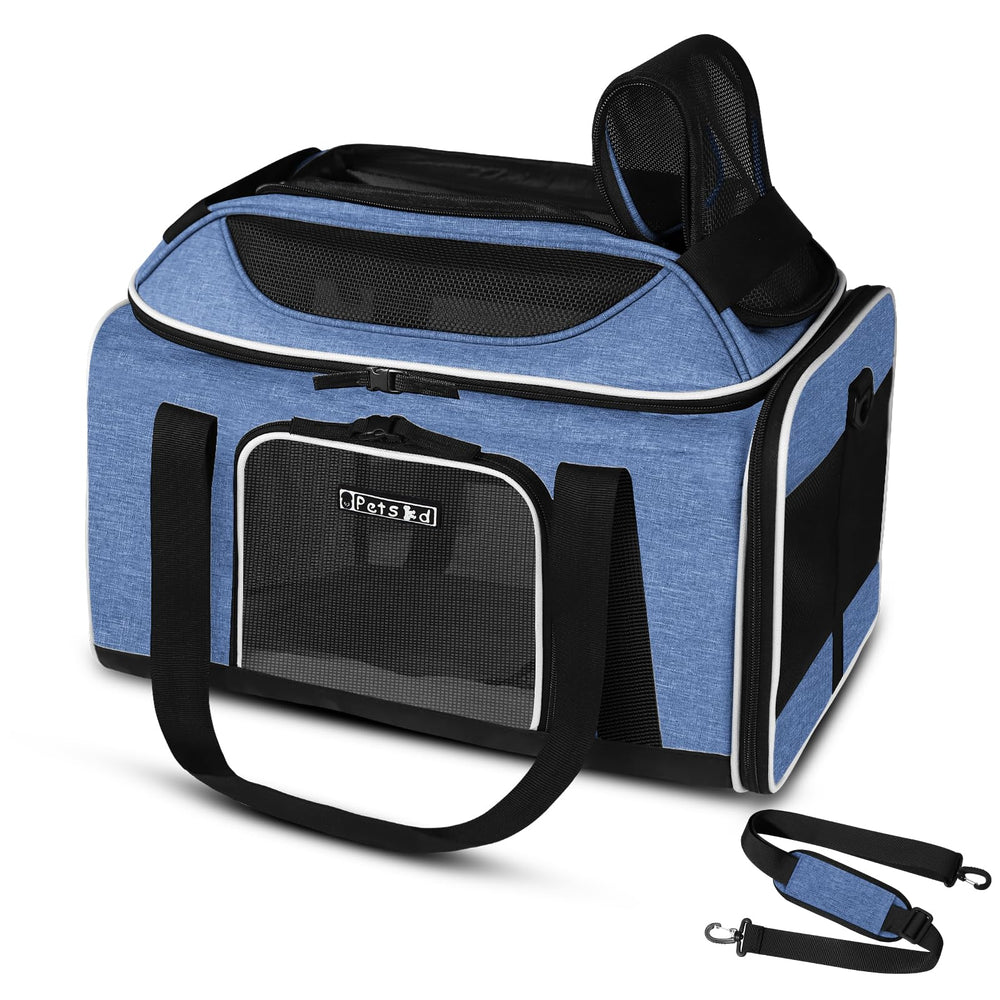 Petskd top-expandable pet carrier under-seat blue front view, airline-ready for small pets.