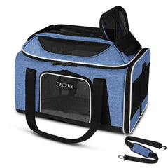 Petskd top-expandable pet carrier under-seat blue front view, airline-ready for small pets.