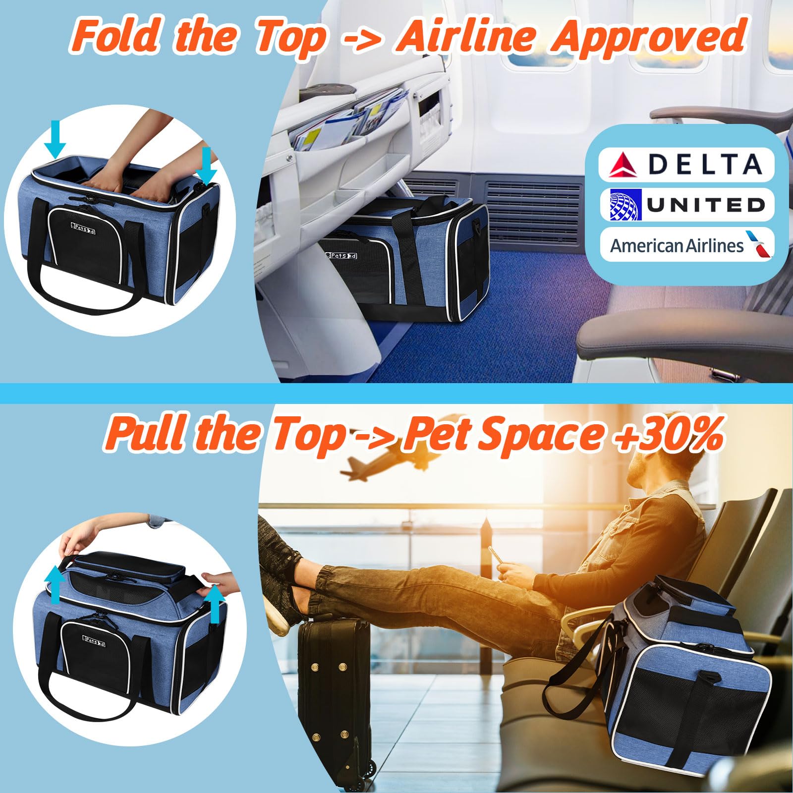 Petskd blue carrier with five-sided mesh ventilation in side view for airflow.
