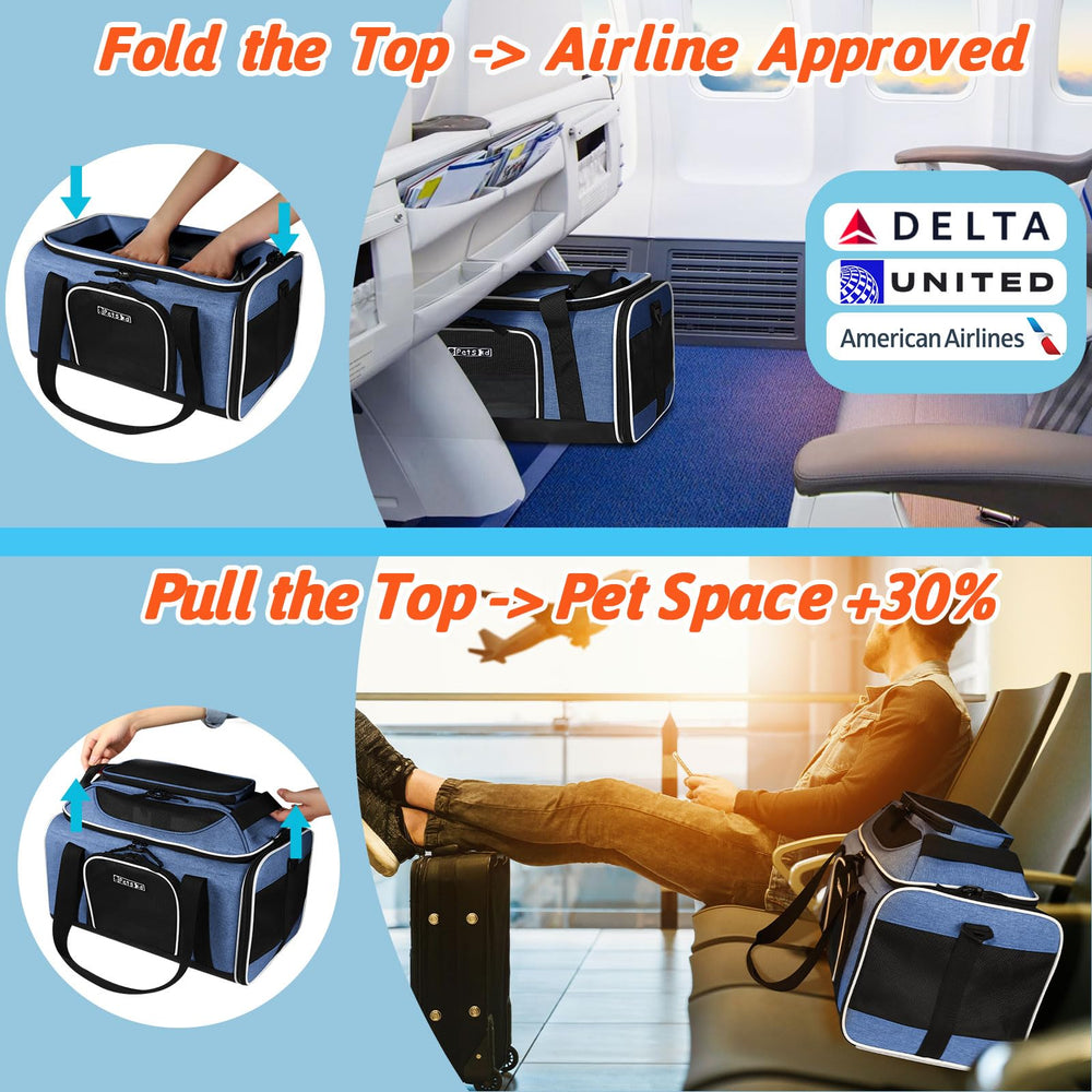 Petskd blue carrier with five-sided mesh ventilation in side view for airflow.