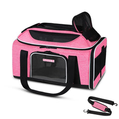 Petskd top-expandable pet carrier pink front view ideal for under-seat travel.