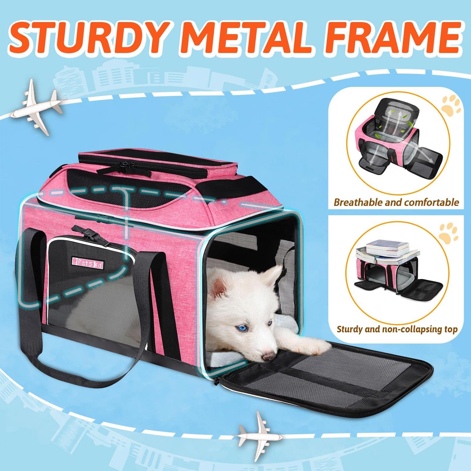 Petskd top-expandable pet carrier pink removable wheel base for airline under-seat setup.
