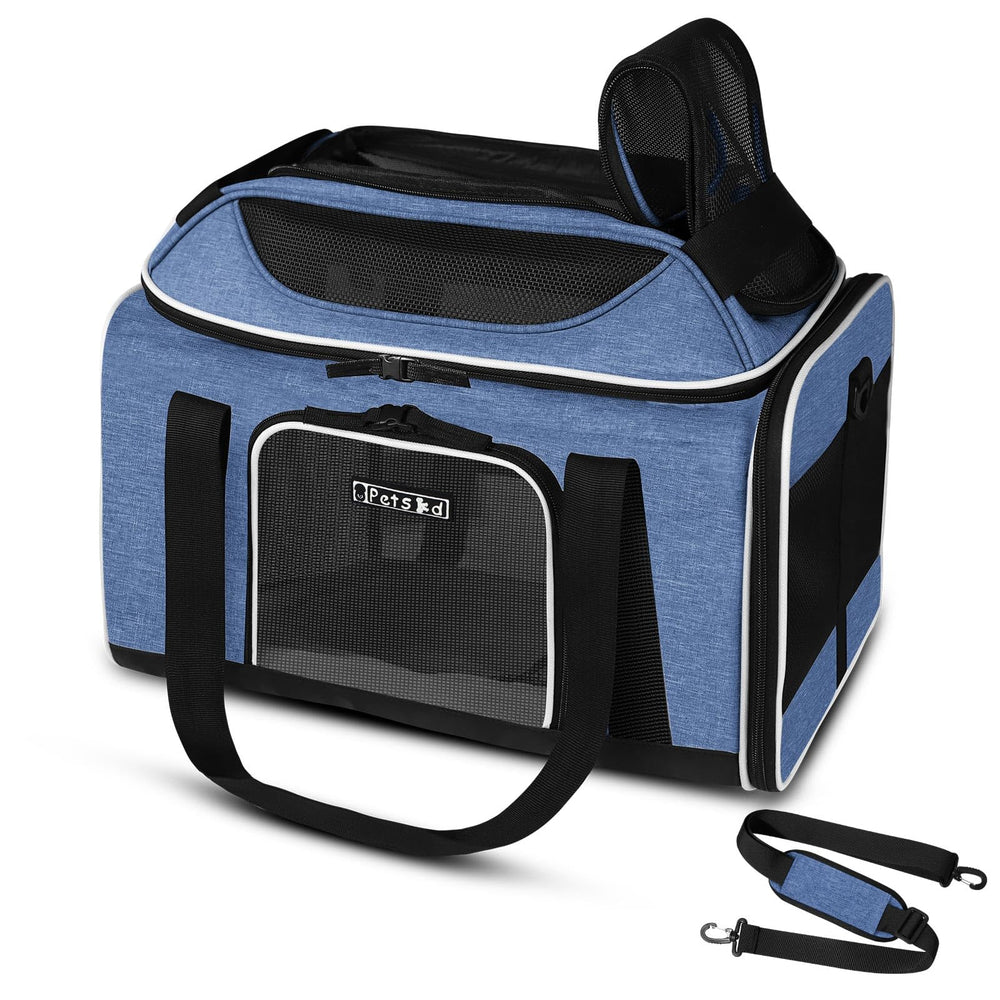 Petskd top-expandable pet carrier under-seat front view ideal for airline cabin travel.