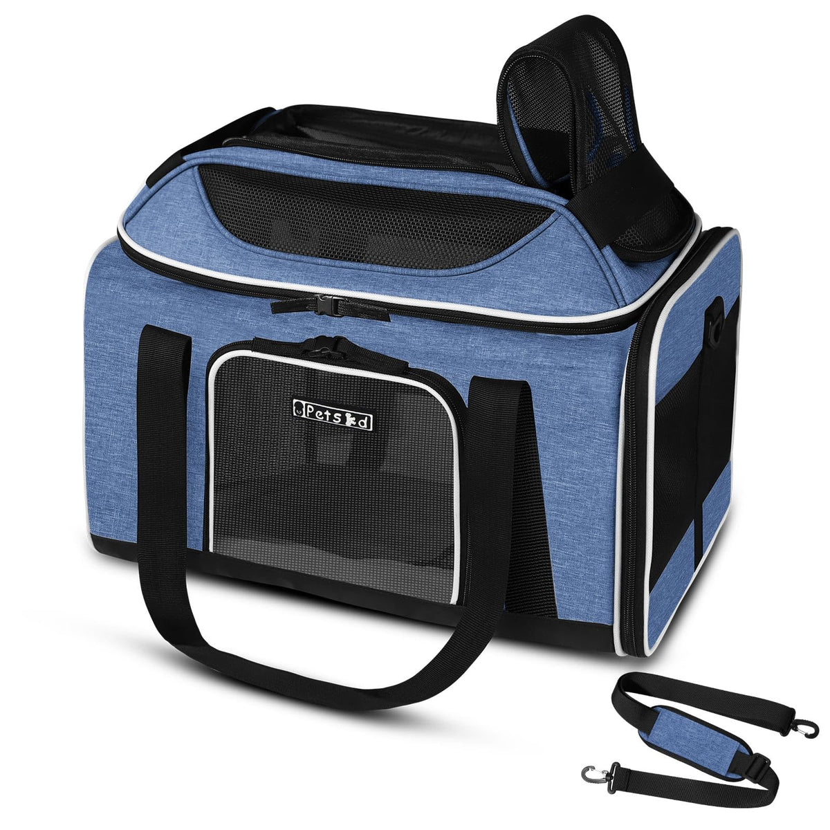 Petskd top-expandable pet carrier under-seat front view ideal for airline cabin travel.