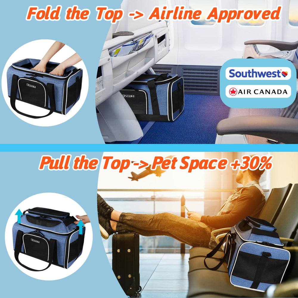 Petskd top-expandable pet carrier under-seat ventilation demonstrates breathable five-side mesh.