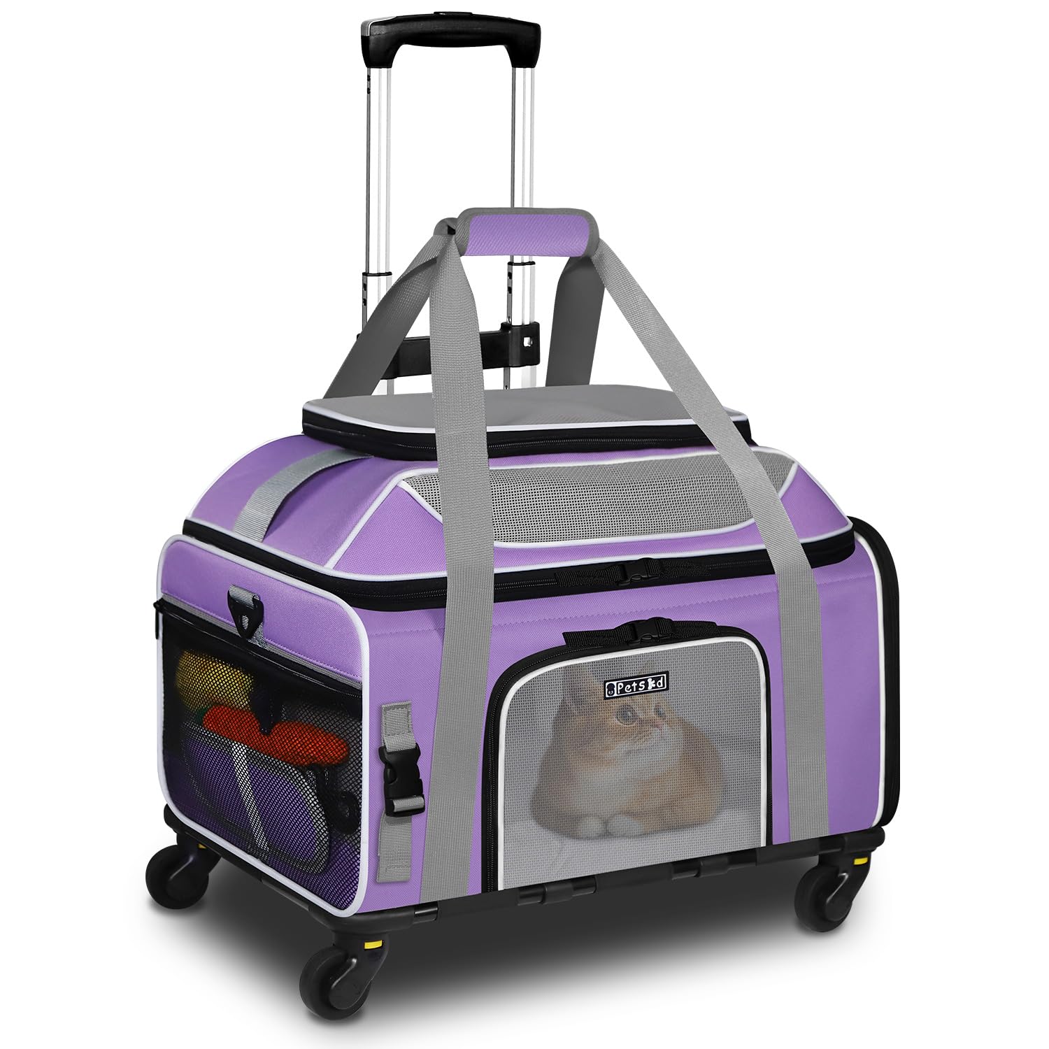Petskd top-expandable pet carrier under-seat wheels purple for compact airline travel.