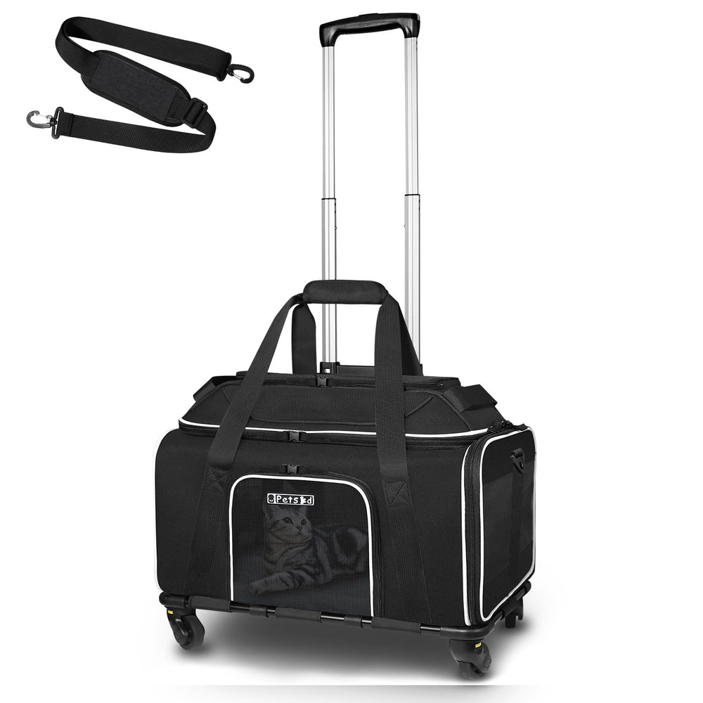 Petskd top-expandable carrier with wheels — front view showing stable, smooth-rolling design.