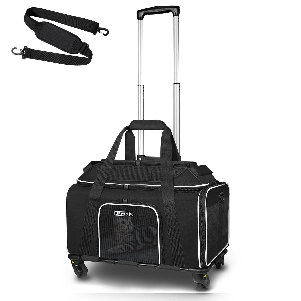 Petskd top-expandable carrier with wheels — front view showing stable, smooth-rolling design.