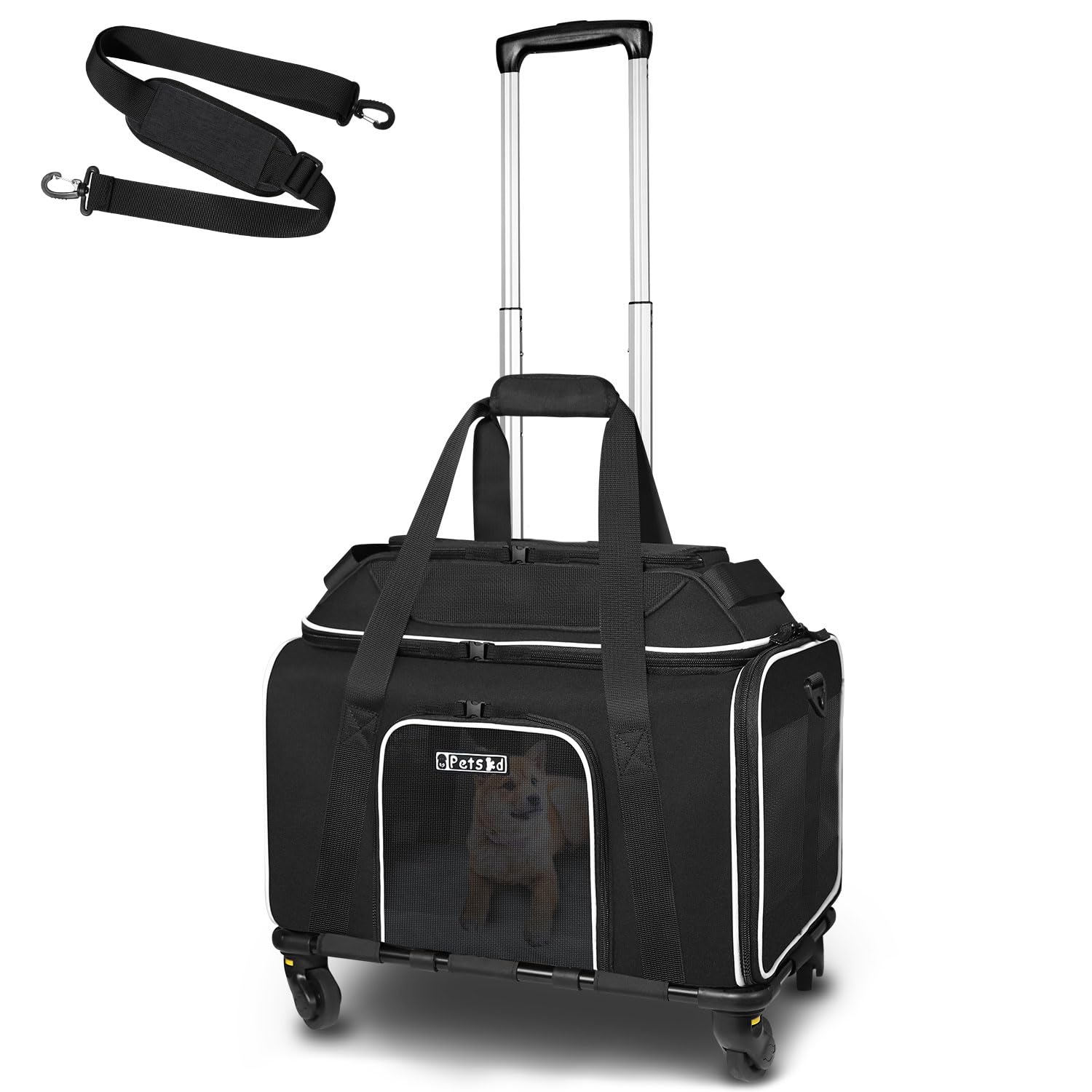 Petskd top-expandable pet carrier with wheels under-seat compatibility for small pets.