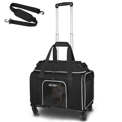 Petskd top-expandable pet carrier with wheels under-seat compatibility for small pets.
